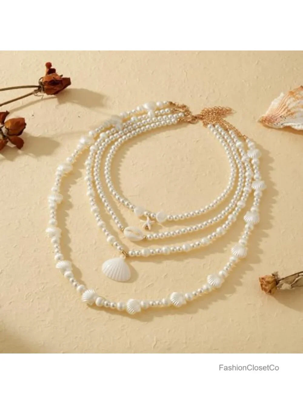 Layered Pearl & Seashell Necklace for Women Summer Beach Jewelry